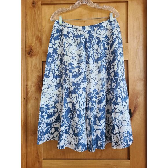 JM 100% Linen Blue White Midi Skirt Sz 10 Summer Coastal Grandma Floral Zip Up - Picture 4 of 4